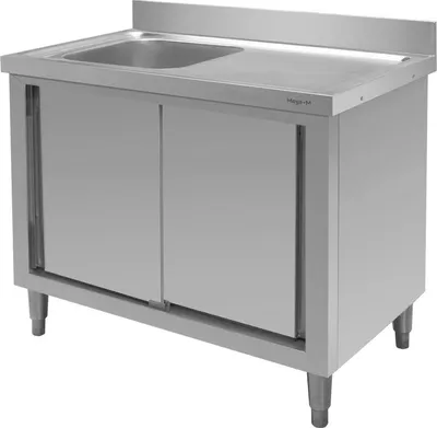 Zdjęcie produktu dla Kuchenny stół gastronomiczny ze stali nierdzewnej przyścienny ze zlewem po lewej stronie i z szafką Mega-M 100x60x85 cm