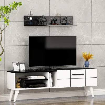 Produktbild von HOMIDEA Nora TV-Lowboard TV-Schrank Wohnwand mit Wandregal Modernes Design (Weiß/Schwarzer Marmor)