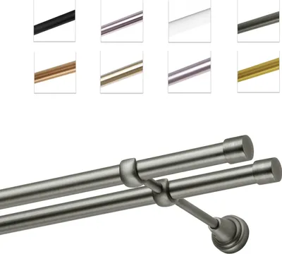 A collage showing different color options for a double curtain rod set, with a close-up view of the rod and its mounting hardware.