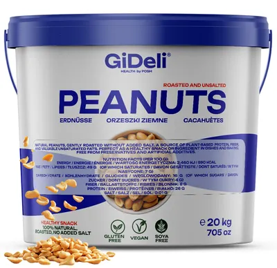 Obrázok produktu pre Arašidy 20 kg, pražené, nesolené, bez oleja, prírodné, vhodné ako desiata, zdroj bielkovín, značka GiDeli