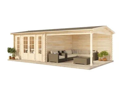 Produktbild von Alpholz Gartenhaus Freiburg-44 aus naturbelassenem Holz 755 x 399 cm mit 44 mm Wandstärke, Terrasse und Doppeltür