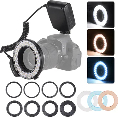 Produktbild von HD-130 Makro-LED-Ring Blitzlicht LCD-Display 3000-15000K GN46 Leistungsregelung mit 3 Blitzdiffusoren 8 Adapterringe fuer Kameras