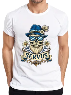 Productafbeelding van Servus, Totenkopf, Bart, Trachtenhoed, Edelweiss, Beierse lederen broek, heren T-shirt, wit, maat S