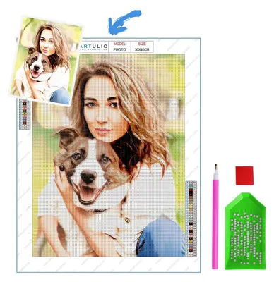 A collage showing a diamond painting kit and a sample of the finished product, which is a portrait of a woman holding a dog. The kit includes a diamond painting pen, a tray, and a color chart.