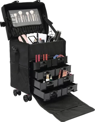 Obrázek produktu pro Velký kufřík na make-up – profesionální kosmetický kufřík se zásuvkami – vozík 2 v 1 – otočná kolečka o 360° – nylon – 38x29x42 cm – černý