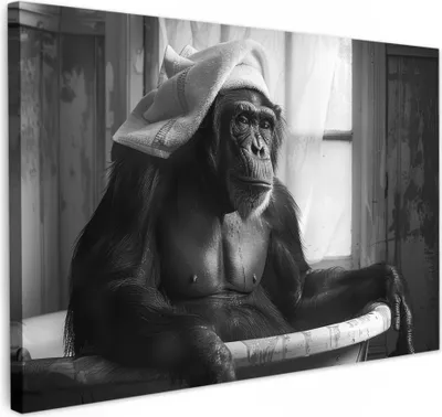 Produktbild von MuchoWow® - Leinwandbilder - Affe - Tier - Bad - Schwarz - Weiß - Humor, Wandbild, Wanddeko Bilder Wohnzimmer, 120x80 cm