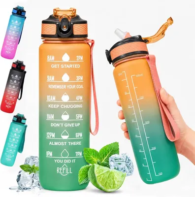 Produktbild von Trinkflasche 1 l, BPA-frei, mit Zeitmarkierungen und Strohhalm, ausfallsicher, für Fitness