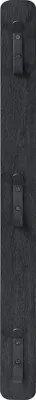 A vertical black wall-mounted coat rack with three hooks.