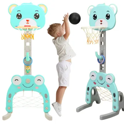 Zdjęcie produktu dla Komplet sportowy dla dzieci 3 w 1 w kolorze niebieskim – kosz do koszykówki, bramka do piłki nożnej i rzutki, regulowana wysokość od 133 do 158 cm, przeznaczona dla dzieci od 3 roku życia