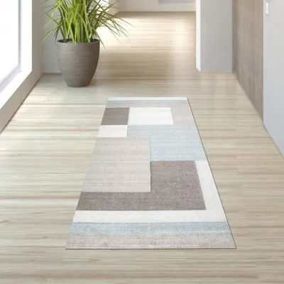 Zdjęcie produktu dla Dywan designerski z wycięciami konturowymi, wzór w kratkę, pastelowe kolory: niebieski, kremowy, beżowy, wymiary: 80 x 300 cm