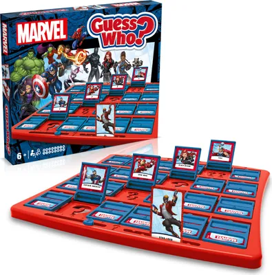 A Marvel Guess Who? board game is displayed with its box in the background and the game board in the foreground.