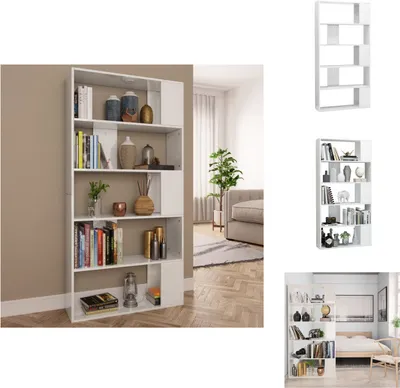 A collage of images showing a white bookshelf in different settings and angles, including a room with furniture and a plain white background.