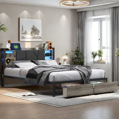 Produktbild von 140 x 200 cm großes Bett aus Holz und Metall mit mehrfarbigen LEDs, gepolstertem Kopfteil aus Kunstleder, 2 Schubladen, EU-Stecker und App-/Fernbedienungssteuerung