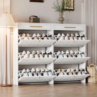 Productafbeelding van Merax Scandinavische schoenenkast, set van 2 met 6 vakken en 1 lade, schoenenrek met naadloze, open planken van MDF, geschikt voor hal en woonkamer, wit