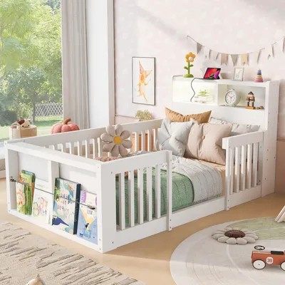 Produktbild von Flieks Kinderbett 90x190cm mit Nachtlicht, Bodenbett Holzbett mit USB, Kinder Einzelbett mit Ablagen und Rausfallschutz, Weiß