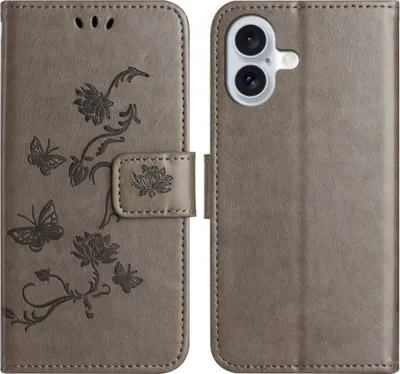 Produktbild von iPhone 16 Hülle - Coverup Blumen & Schmetterlinge Klapphülle - Taupe Grau