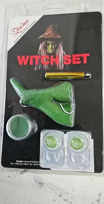 Produktbild von Hexen Set mit Kontaktlinsen Hexennase Gesichtsfarbe und Zahnschwarz Grün