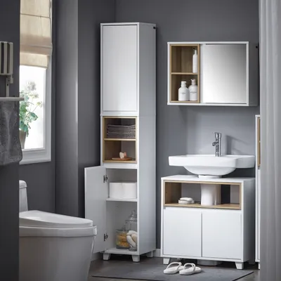Produktbild von SoBuy BZR147-W Hochschrank mit 2 Türen und 2 Fächern Aufbewahrungsschrank Badezimmerschrank mit offenen Fächern Dunkelgrau BHT ca. 30x170x30cm
