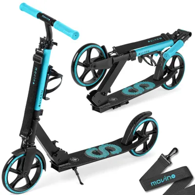 A black and blue scooter is shown in two configurations: one upright and one folded. A carrying strap is also visible.