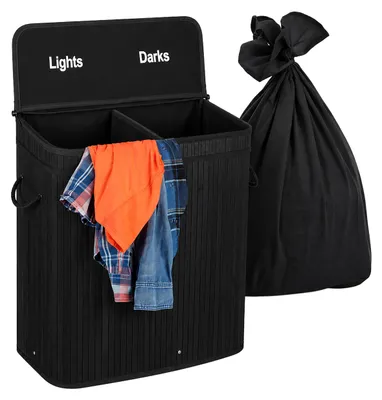 Produktbild von Relaxdays Wäschekorb mit Deckel, 2 Fächer, Bambus, 100 l, faltbar, HxBxT: 60 x 52 x 32 cm, Wäsche Sortiersystem, schwarz