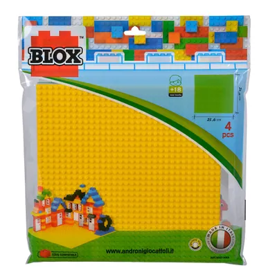 Produktbild von Simba Blox, 4 Bauplatten, je 25x25cm, gelb, grau, grün, blau, hohe Qualität, beidseitig bespielbar, vollkompatibel mit vielen anderen Herstellern