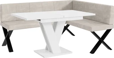 Produktbild von MEBLINI Eckbank für Esszimmer mit ausziehbarem Tisch  - Küchenbank - Essecke - Sitzecke Küche - PETER - X-Beine 128x168x87cm Rechts - Beige Samt/M Weiß Matt