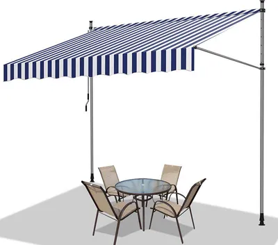 Produktbild von Izrielar Klemmmarkise mit Handkurbel, 300x120cm Balkonmarkise, UV-beständig 50+ höhenverstellbar Sonnenschutz ohne Bohren für Terrasse und Balkon Blau Weiß