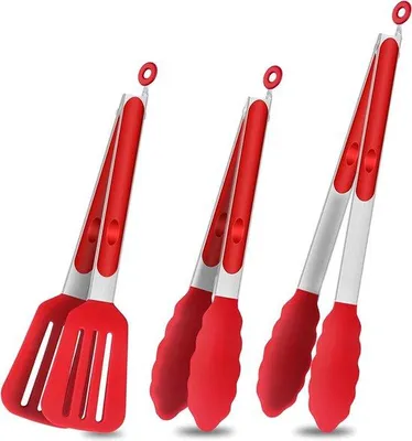 Produktbild von Famanu Küchentang 3 Stück - Edelstahl, hitzebeständig, mit Silikonhandgriff