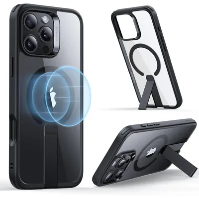 Produktbild von Hülle mit Ständer für iPhone 16 Pro, MagSafe kompatibel, Stoßfest, Klares Schwarz