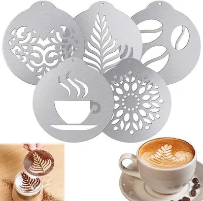 Produktbild von 5-teiliges Kaffee-Schablonenset aus Edelstahl - Cappuccino-Schablonen für Milchschaum Deko-Schablonen Kaffee-Accesorien - ideal für DIY-Kunstschablonen und mehr