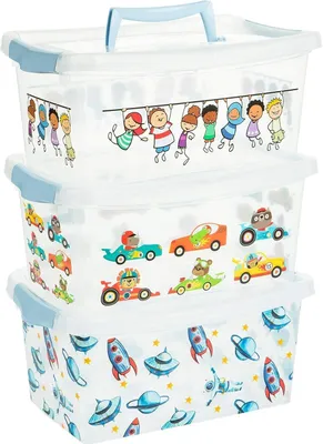 Produktbild von 3er Set. Aufbewahrungsbox mit Decke 4L Kinder, um Spielzeug zu organisieren blau