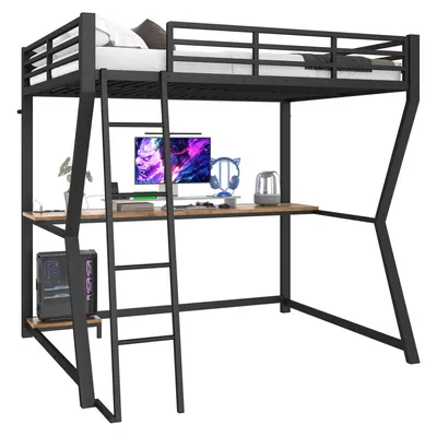 Produktbild von Hochbett, 140*200cm , Mit LED-Leuchten, Computerkonsolenablage, Schreibtisch, Steckdose+USB, Geländer, Treppe, ohne Matratze, Schwarz