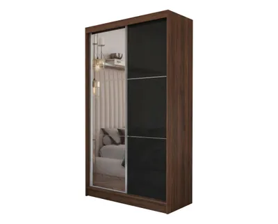 Produktbild von 120 cm Kleiderschrank Vena mit Spiegel inklusive 2 Schiebetüren Schwebetürenschrank (Farbe: Nuss Warmia, lacobel schwarz)