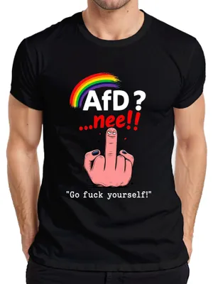 Immagine prodotto di Maglietta nera con scritta "AfD? ...no!!", con un simbolo dell'arcobaleno, un dito medio e la scritta "Contro". Taglia 3XL