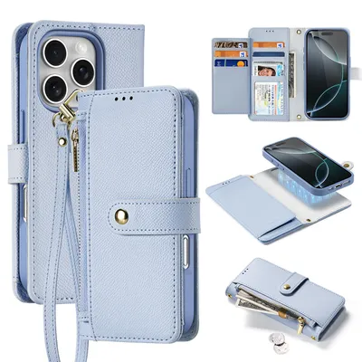 Productafbeelding van Lederen telefoonhoesje Dux Ducis, geschikt voor de iPhone 16 Pro Max, met een afneembare magnetische portemonnee - Blauw