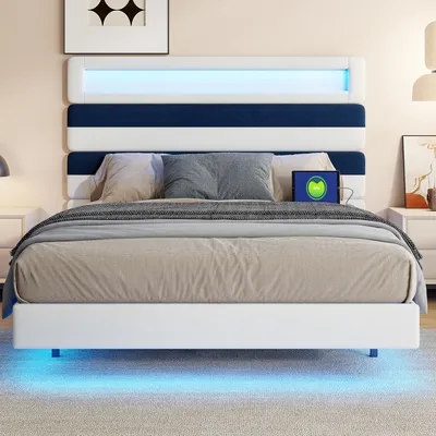 Immagine prodotto di Letto imbottito 140x190 con LED, stazione di ricarica USB e testata regolabile, bianco + blu