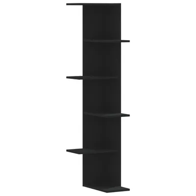 A black corner shelf unit with multiple shelves.