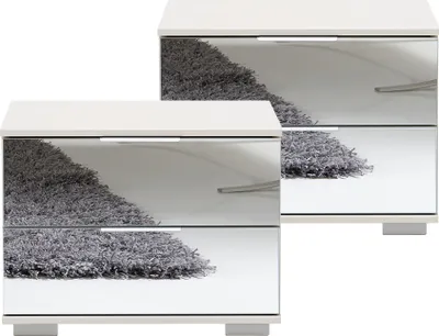 Produktbild von Schlafzimmer 2er Set Nachttisch Nachtschrank in weiß mit Spiegelfront ELSTRA-43, B/H/T ca. 52/40/38 cm