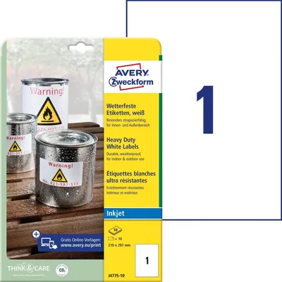 Obrázok produktu pre Avery J4775-10, Biela, Obdĺžnik, Permanentný, A4, Polyester, Matte