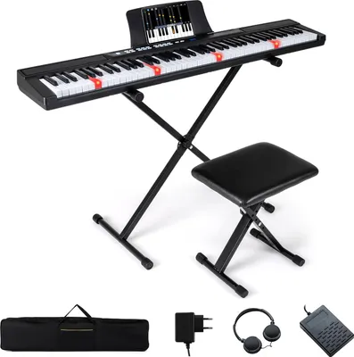 Zdjęcie produktu dla COSTWAY 88-klawiszowe pianino elektryczne, keyboard, pianino cyfrowe ze stojakiem i stołkiem, pełna klawiatura z klawiszami, podświetlane klawisze, funkcja MIDI, kolor czarny
