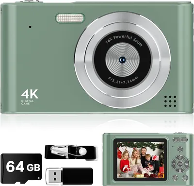Image de Appareil photo numérique ZELURXX, caméra enfant 1080P, caméra vlog avec carte 64GB, dragonne, zoom 16x, anti-shake, 44 MP compact portable vert