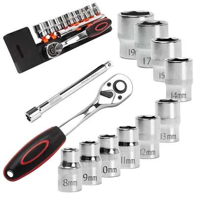 Immagine prodotto di Set di chiavi a bussola da 12 pezzi, con cricchetto da 3/8", da 8 a 19 mm, con prolunga da 150 mm, per riparazioni