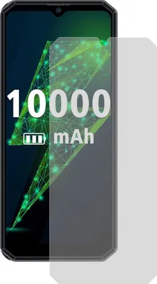 A smartphone screen displaying a battery icon and text indicating a 10000 mAh battery capacity, with a transparent screen protector placed over it.