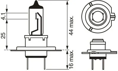 Technical drawing of a car headlight bulb with dimensions.