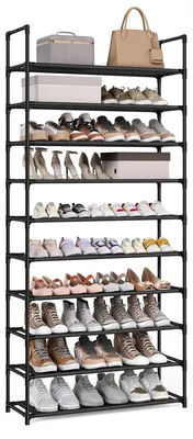 Produktbild von Schuhregal - LSH110 - 10 Ebenen - Schmale Bauweise - 28×83×173 cm - Metallrahmen - Ablagen aus Vliesstoff - Für Flur und Schlafzimmer - Schwarz