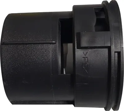A black plastic connector part, viewed from the side.