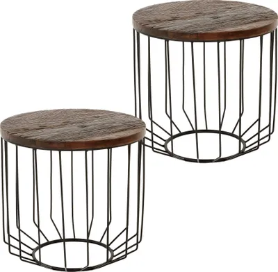 Zdjęcie produktu dla WOMO-DESIGN zestaw 2 stolików kawowych z litego drewna, okrągłe Ø 50x50 cm, naturalne, unikalne, ręcznie wykonane z odzyskanego drewna, metalowa rama, metalowy kosz, czarny