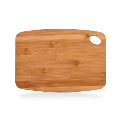 A bamboo cutting board with a handle hole is shown against a white background.