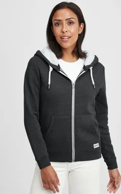 Produktbild von OXMO OXBinja Damen Lange Sweatjacke Kapuzenjacke Hoodie mit Teddyfell-Kapuze