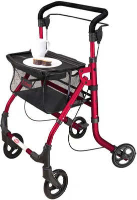 Produktbild von Indoor Rollator Actimo Home, schmal mit Tablett, Leichtgewicht Wohnungsrollator faltbar, Heimrollator, bis 100 kg, Rot